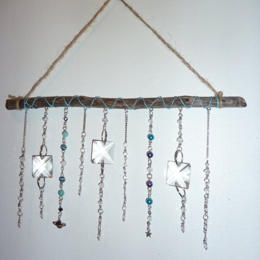 Suncatcher R Treated driftwood, cut glass pieces and Swarovski crystals